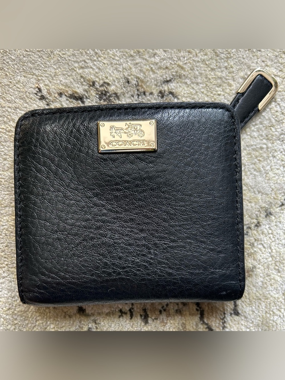 Coach Black Pebbled Leather Snap Close Wallet with Gold Accents